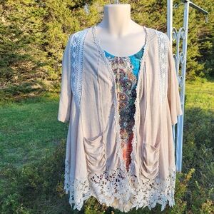 "Pretty + Neutral" ORGAMI Lace Trim Cardigan